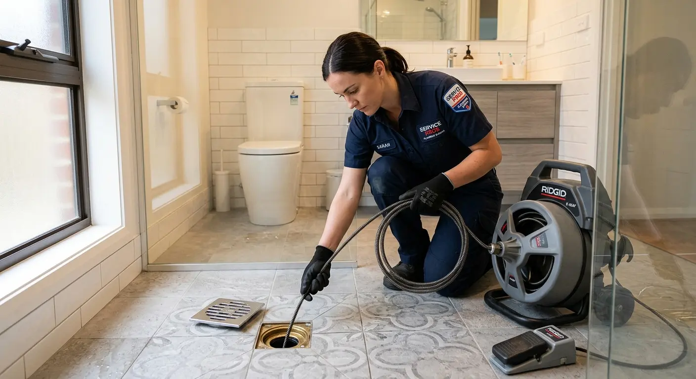 Technician clearing a bathroom floor drain for Hydro Jetting in Wonder Lake